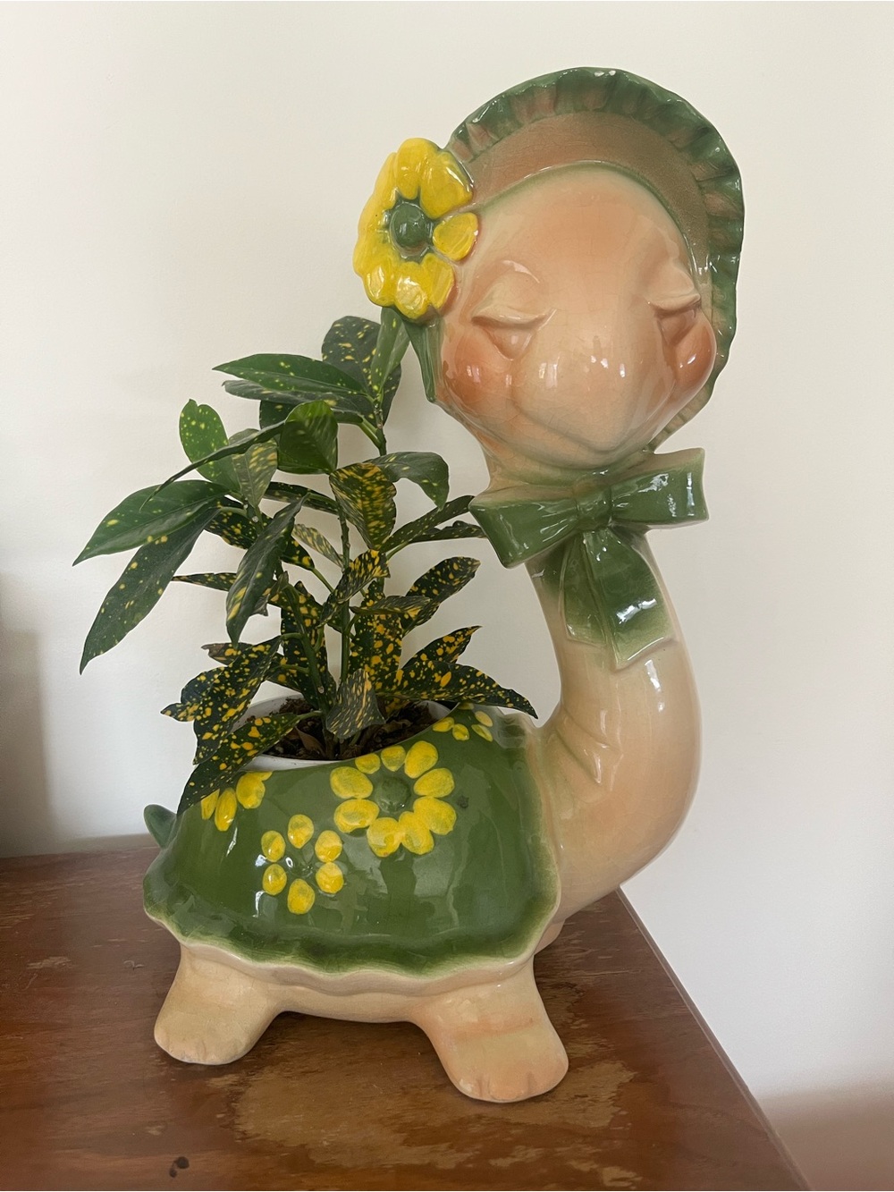 Vintage Long Neck Turtle Planter With Yellow Flower Bonnet